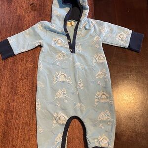 Classic Light Blue Hooded Baby One-Piece with Navy Trim